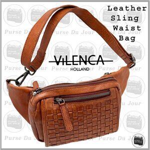 Vilenca Holland Tan Woven Leather Sling, Waist Bag, Crossbody Bag Unisex